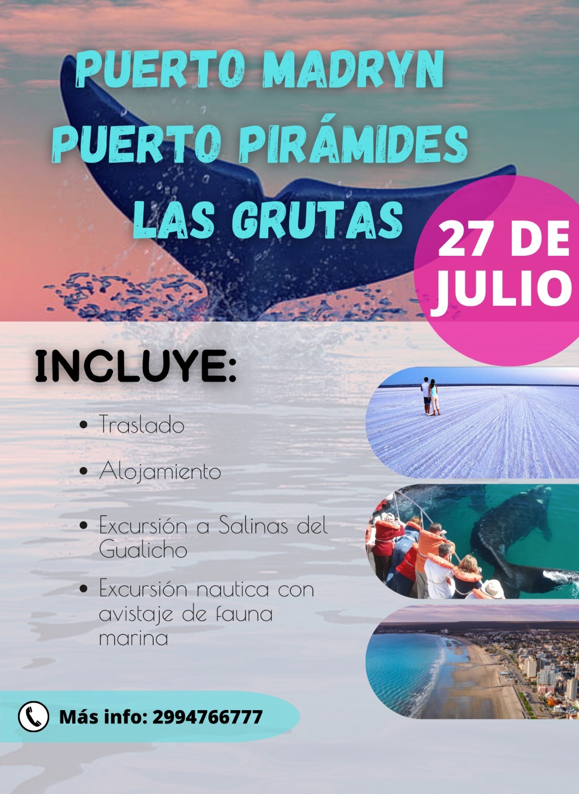 Puerto Piramide Las grutas incluye traslado, alojamiento, excursion a Salinas del Gualicho, excursion nautica con avistaje de fauna marina